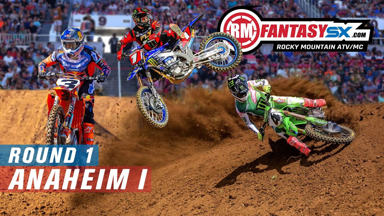 RMFantasySX.com Rocky Mountain ATV/MC - Round 1 - Anaheim 1 - image of Tomac on the #3 KTM, Webb on the #1 Yamaha, and Sexton on the #4 Kawasaki
