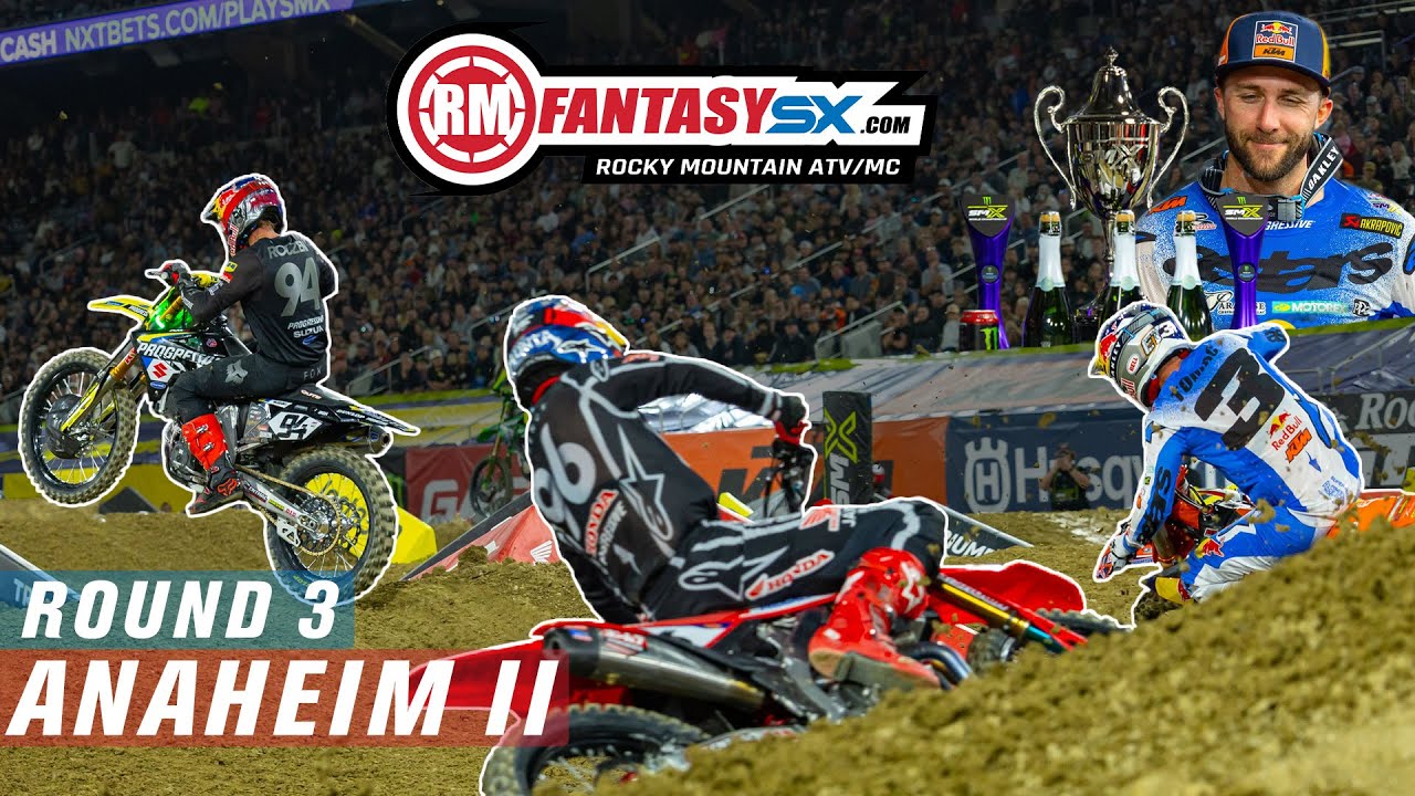 Graphic with RM Fantasy SX.com logo - Round 3 - Anaheim II - photos of Ken Roczen, Eli Tomac and Hunter Lawrence