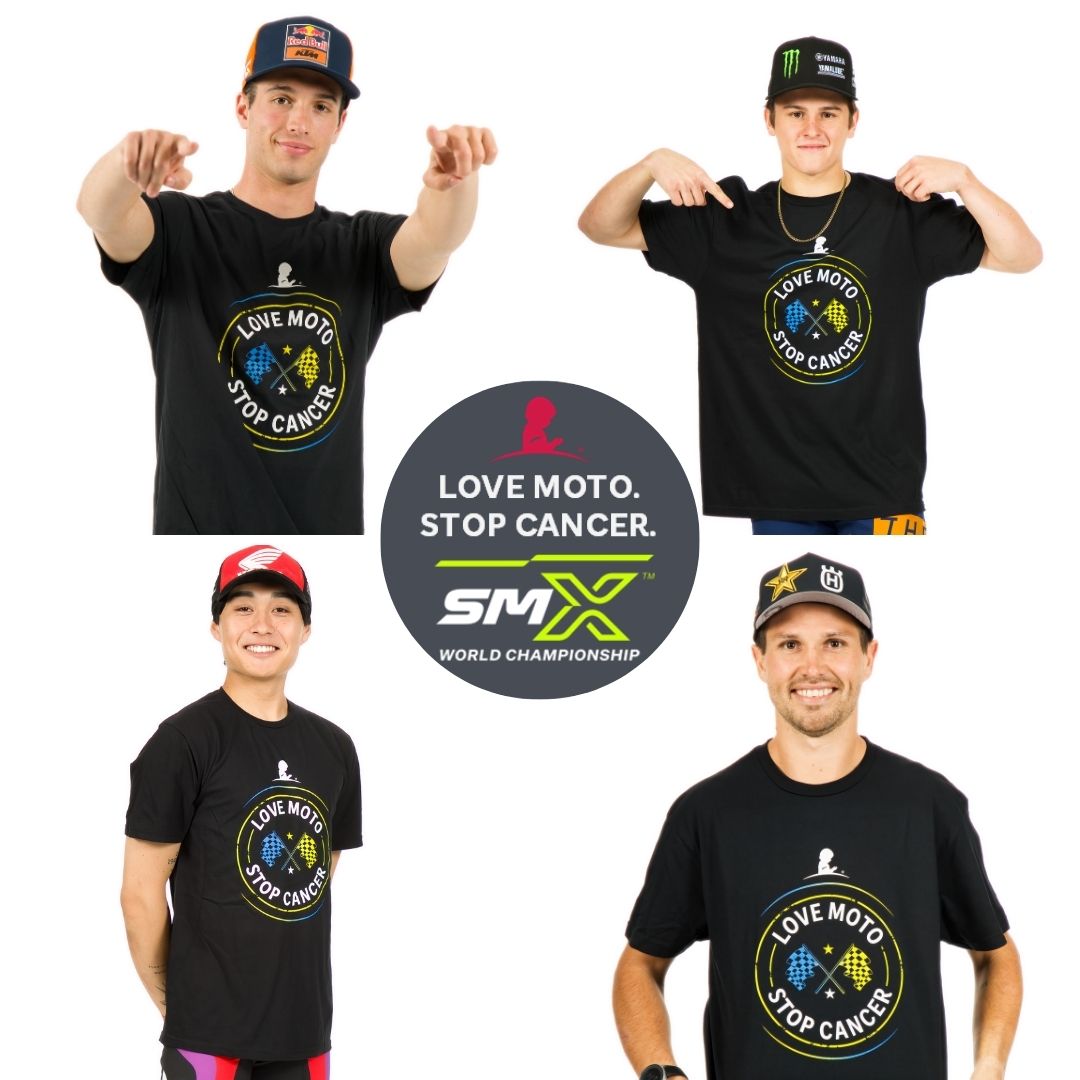 Various SMX riders wearing Love Moto Stop Cancer shirts